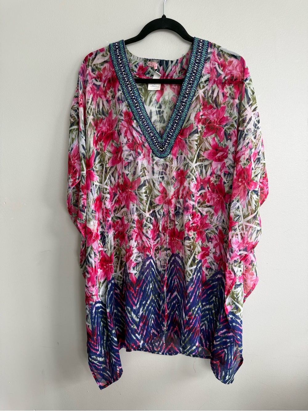 Designer Floral V-Neck Tunic Top with Beaded Trim - Pink